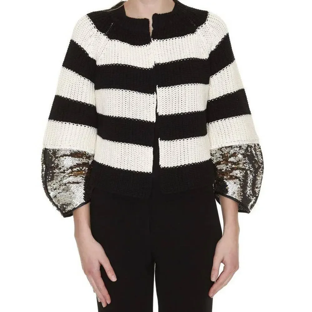 (Nude) Striped Long Glitter Sequin Sleeve Open Front Cardigan Sweater-38